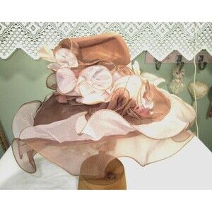 Organza Hat wide brim large decorative flowers and sheer mesh layers